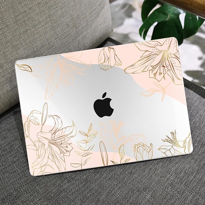 MEEgoodo for MacBook Air 13 inch Case 2021 2020 2019 2018 Released A2337 M1 A2179 A1932 with Touch ID, Plastic Hard Shell & Keyboard Cover Compatible with MacBook Air Case 13.3, Gold Flowers Lilies