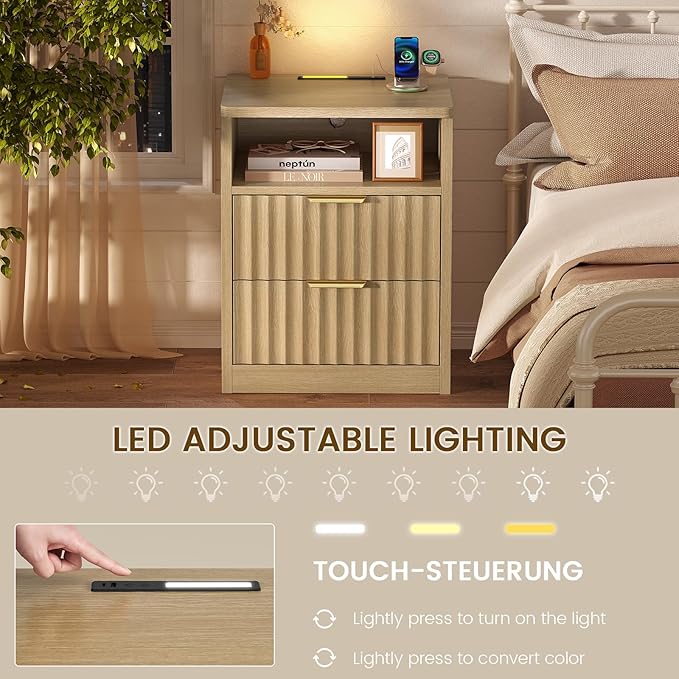 TEENFON Fluted Nightstands Set of 2, Night Stand with Charging Station and LED Light, Storage Drawer and Open Shelf, Modern Bedside Table for Small Space, for Bedroom, Natural