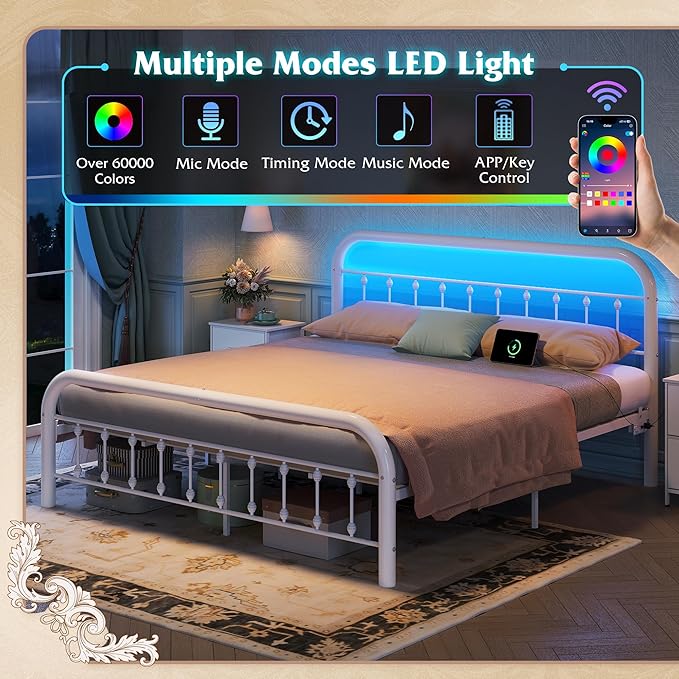 WLIVE Metal Platform Bed Frame, King Size Bed Frame with Headboard, Bed Frames with LED Lights and Charging Station, 1500LBS Mattress Foundation, Under Bed Storage, No Box Spring Needed, White