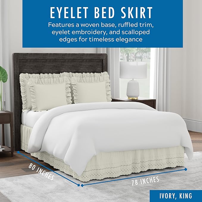 Fresh Ideas Eyelet Bed Skirt, Ruffled Design, 14 Inch Drop, Embroidered Scalloped Edge, King, Ivory