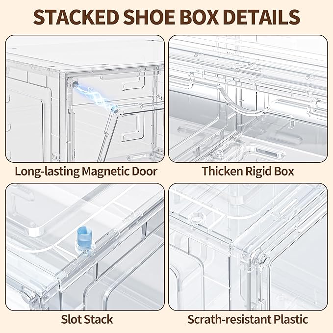 6 Pack XX Large Shoe Organizer, Heavy-Duty Hard Thicken Plastic Clear Stackable Shoe Storage Box Organizer for Closet, Space-Saving Shoe Rack Display Case Bin Containers for Sneakers, Clear