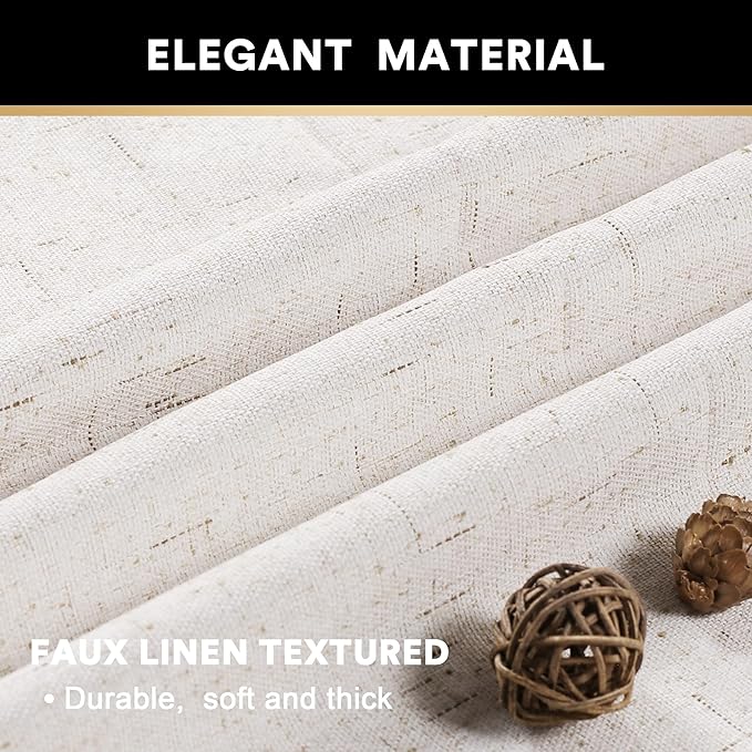 PrinceDeco 100% Blackout Curtains 63 Inch Length for Bedroom Faux Textured Linen Look Window Curtains Sun Heat Blocking Linen Curtains Thermal Insulated Burlap Curtain & Drapes, Set of 2, Ivory