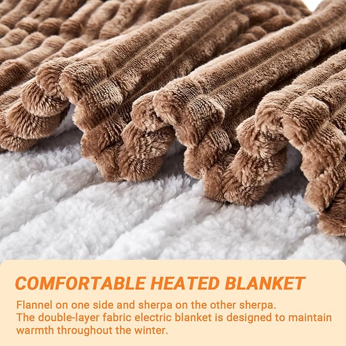 Heated Blanket Electric Twin, Soft Flannel Heating Blanket with 8 Hours Auto Off 10 Fast Heating Levels Machine Washable Sherpa Heated Blanket with Overheating Protection