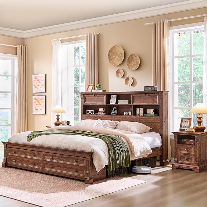 Farmhouse King Size Bed Frame with 54" Tall Storage Bookcase Headboard, Wood Platform Bed Frame with 18" Tall Roman Column Decoration Footboard & 2 Drawers, No Box Spring Needed(Reclaimed Barnwood)