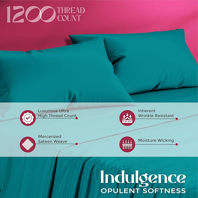 Mayfair Linen 100% Egyptian Cotton Sheets King Size - Luxury 1200 High Thread Count Egyptian Cotton King Size Sheets Set (4 PC, Teal), Silky Soft, Cooling, 17" Deep Pocket Sateen Weave Hotel Bedding