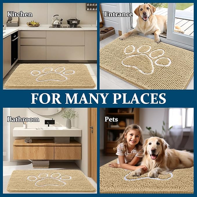 OLANLY Dog Door Mat for Muddy Paws 59x35, Paw Print Design, Absorbs Moisture and Dirt, Absorbent Non-Slip Washable Doormat, Quick Dry Chenille Mud Mat for Dogs, Entry Indoor Entryway Carpet, Beige
