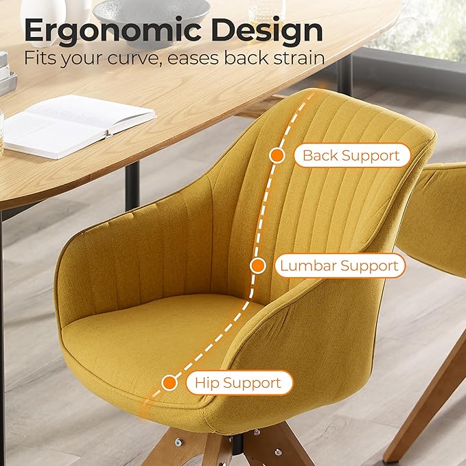 Zouron Mid Century Modern Swivel Accent Chair, Vanity Chair with Wooden Legs, Upholstered Arm Chair No Wheels, Accent Side Chair for Small Space Home Office Living Room Bedroom, Citrine