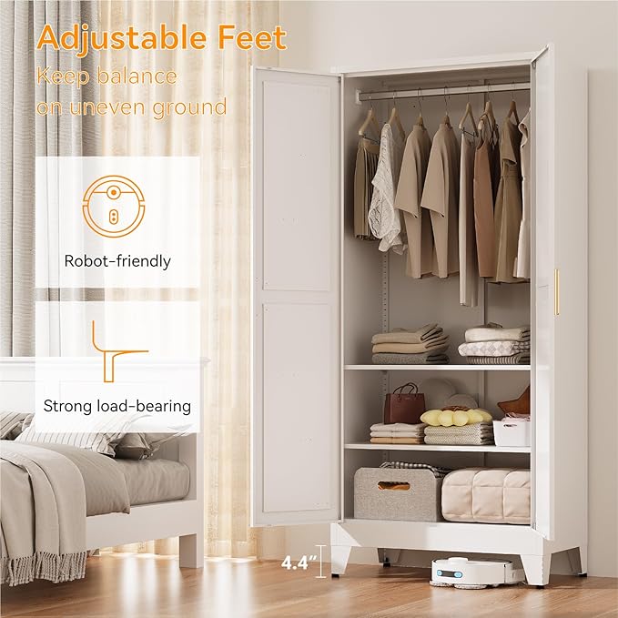 71" Tall Metal Armoire Wardrobe Closet with Removable Hanging Rod and Adjustable Shelves,White Armoire Wardrobe Cabinet for Bedroom Garage Laundry Room Office