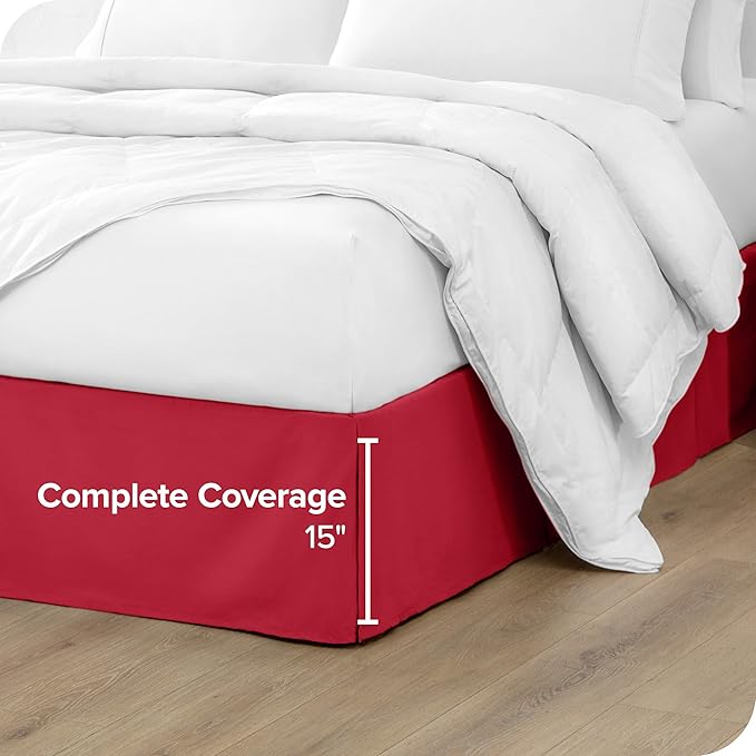 Bare Home Queen Bed Skirt - 15-Inch Tailored Drop Easy Fit - Bed Skirt for Queen Beds - Center & Corner Pleats (Queen, Red)