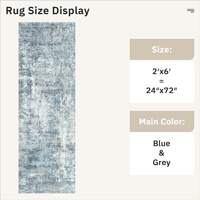 Runner Rug 2'x6' Abstract Washable Non-Slip Runner Rugs for Kitchen Bathroom Laundry Room Blue Vintage Floor Carpet Runners for Hallway Entryway