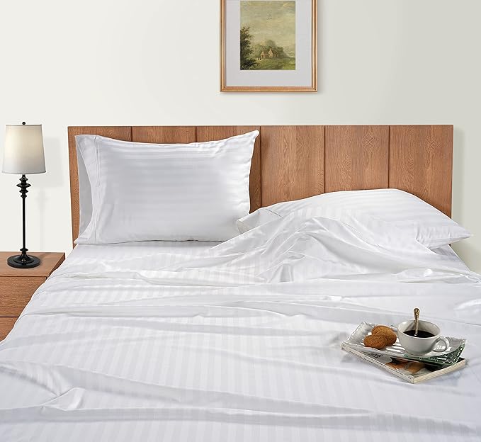 Lane Linen White Queen Sheet Set - 100% Cotton Striped Sheets for Queen Size Bed, Satin Soft Luxury Striped Sheets Queen Size, Deep Pocket Fitted Sheets - 4 PC Bedding Sheets & Pillowcases Set - White