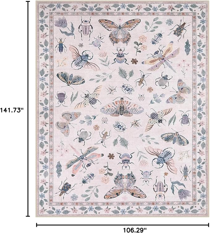 Lahome Insect 9x12 Area Rugs for Living Room Bedroom, Soft Washable Rugs 9x12 Stain Resistant, Ultra-Thin Non-Slip Non-Shedding Accent Carpet for Dining Room Office, Pink