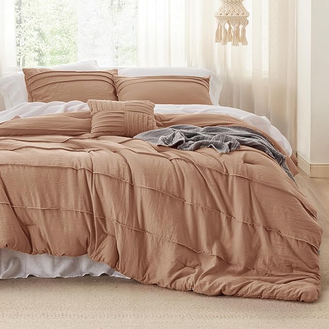 Bedsure King Comforter Set - 4 Pieces Pinch Pleat Bed Set, Taupe Boho Bedding for All Season, 1 Soft Comforter, 2 Pillowcases, 1 Decorative Pillow