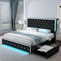 King Led Bed Frame with 2 Drawers, Modern Heavy Duty Upholstered Platform King Size Bed Frames with Crystal Button Tufted Headboard, Solid Slats, Noise Free, No Box Spring Needed, PU Black
