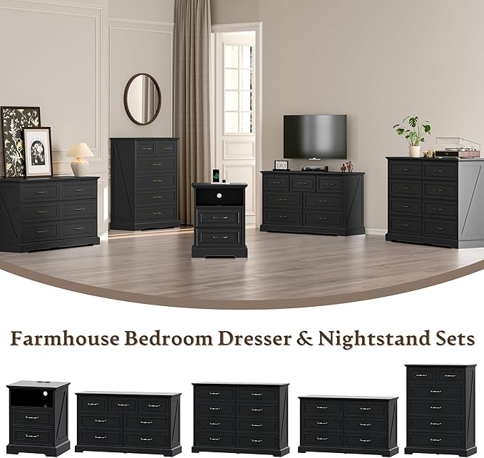 Farmhouse 6 Drawers Dresser for Bedroom, 43" Tall Wood Chest of Drawers with Deep Drawers & Bar Handles, Modern Dresser TV Stand, Rustic Wooden Closet Storage Organizer for Living Room, Hallway, Black