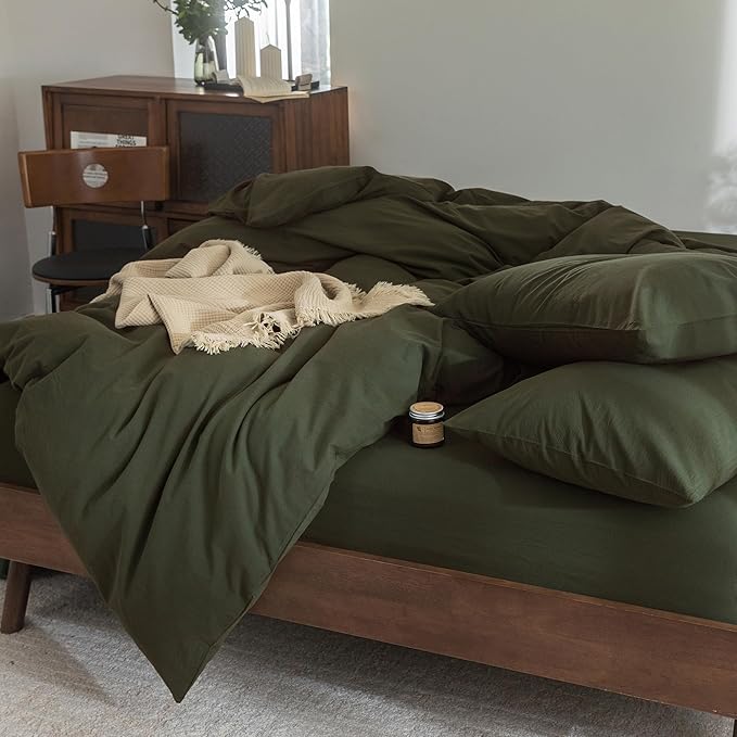 FOSSA Duvet Cover Set 100% Washed Cotton Linen Feel Super Soft Breathable Cozy 3 Pieces Bedding Sets Solid Olive Green California King
