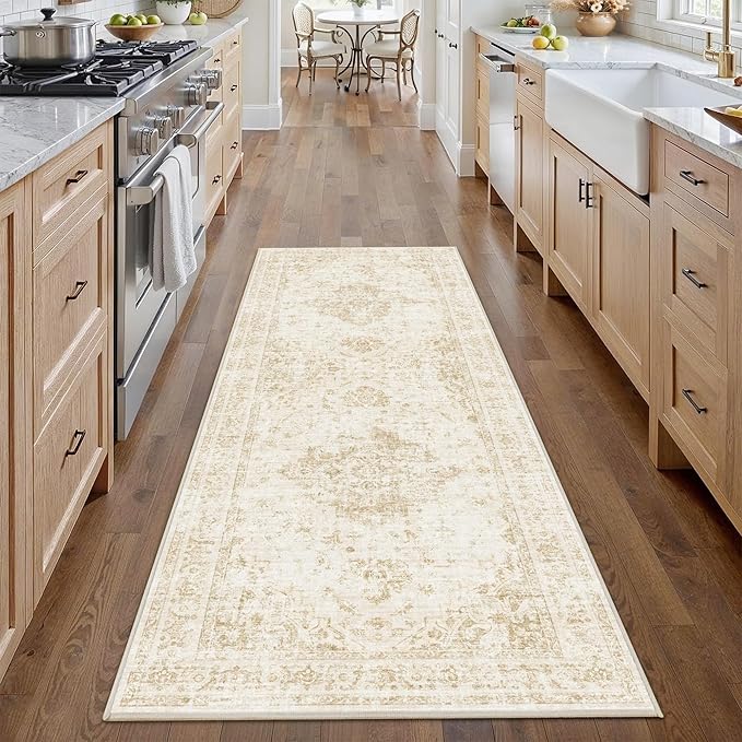2x6 Hallway Washable Runner Rug Vintage Non-Slip Soft Kitchen Mat Boho Medallion Distressed Farmhouse Carpet Floral Low Pile Indoor Throw Rug for Entryway Bathroom Living Room Bedroom, Beige