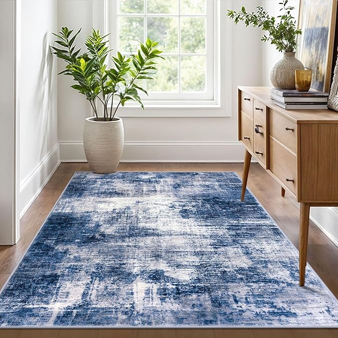 IOHOUZE Abstract Area Rug 4x6 Ft Washable Rugs for Entryway Indoor, Non Slip Small Living Room Rugs Printed Faux Wool Throw Rug, Floor Carpet for Kitchen Nursery Playroom, Navy/Grey