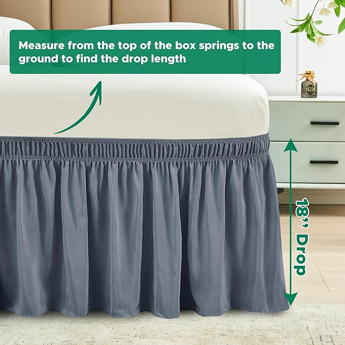 Biscaynebay Wrap Around Bed Skirts for Queen Size Beds 18" Drop, Dark Grey Adjustable Elastic Dust Ruffles Easy Fit Wrinkle Resistant Silky Luxurious Fabric Machine Washable