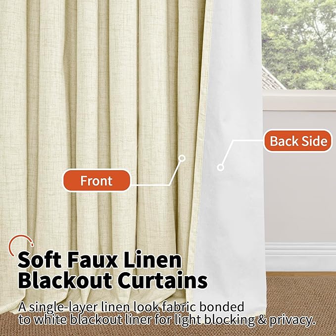60 Inch Wide Linen Blackout Curtains for Living Room/Bedroom 84 Inch Length 2 Panels, Total Black Out Thermal Insulated Soundproof Grommet Boho Window Drapes White Liner for Modern Farmhouse, Cream