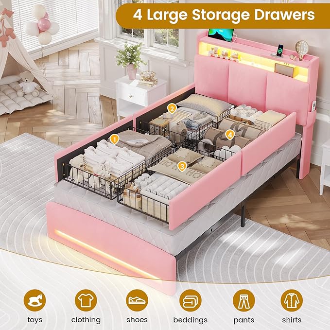 VIAGDO Twin Bed Frames with Storage Headboard and Charging Station, Velvet Upholstered Bed Frame Twin Size with 4 Drawers and LED Lights, Type C and USB, No Box Spring Needed, Pink
