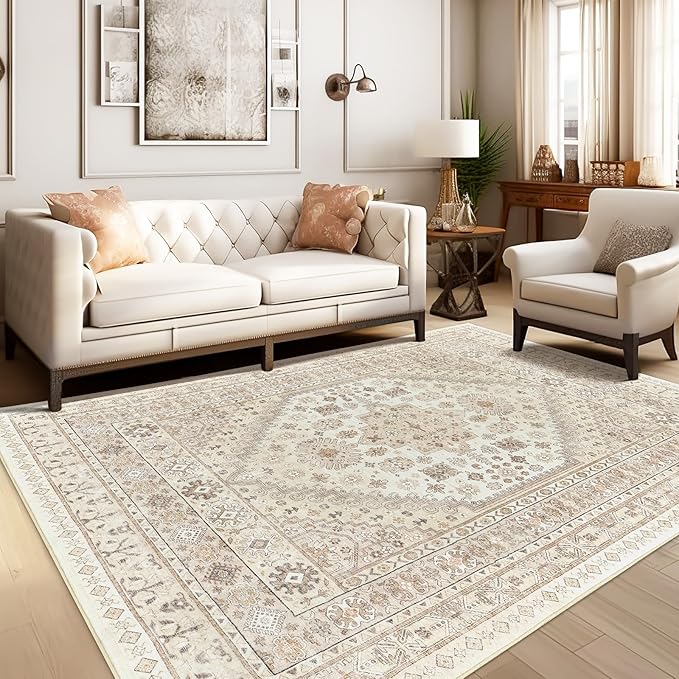zesthome 4x6 Rug - Stain Resistant Washable Rug, Anti Slip Backing Rugs for Living Room, Foldable Vintage Small Area Rugs (Cream/Beige,4'x6')