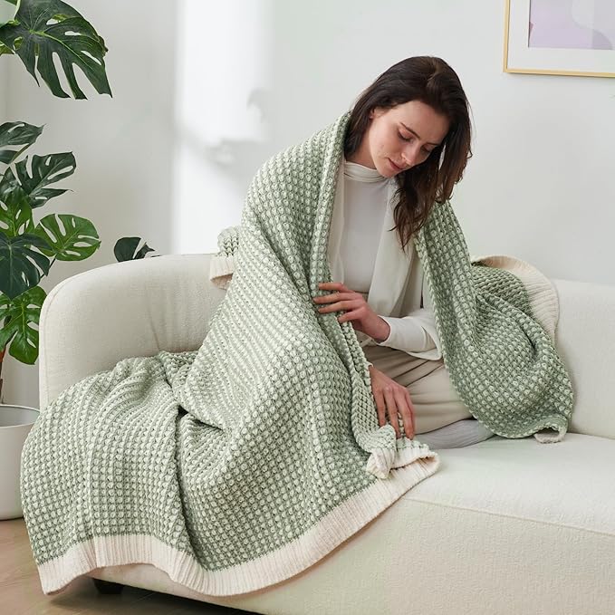Amélie Home Waffle Chenille Throw Blanket for Couch, Pineapple Stitch Knit Soft Cozy Knit Blanket Decorative Throw for Sofa, Chair, 50"x60", Sage Green&Ivory