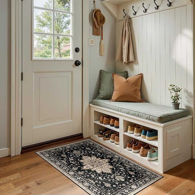 Area Rugs 2'x4' Washable Non-Slip, Floral Vintage Distress Print Pattern Medallion Carpet for Living Room Bedroom Dining Room, Black Brown Neutral Dark Tan