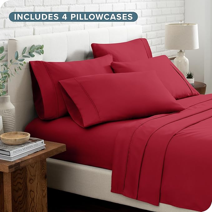 Bare Home Hotel Luxury Split King Sheet Set, Extra Soft - 7 Piece Set - Deep Pockets - Easy Fit - Cooling & Breathable - Wrinkle, Fade, Stain Resistant - Includes 4 Pillowcases (Split King, Red)
