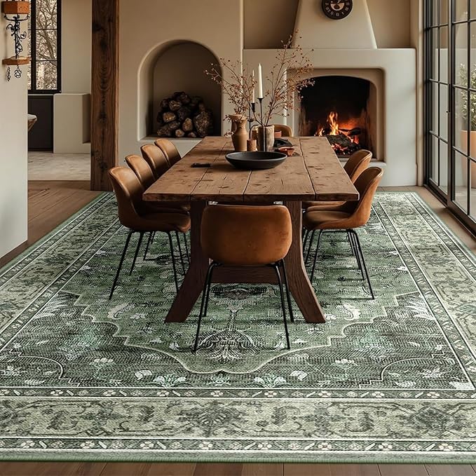 Area Rugs 10'x14' Washable Non-Slip, Floral Vintage Distress Print Pattern Medallion Carpet for Living Room Bedroom Dining Room, Dark Green Gray