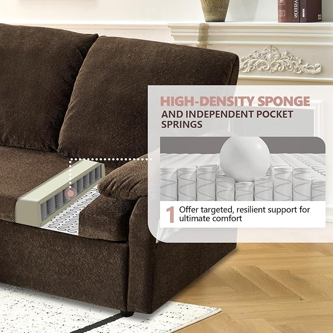 VINGLI Convertible Sofa Bed Couches for Living Room, Sleeper Sofa with Pull Out Couch Bed, Cloud-Like Plush Fleece L-Shape Sectional Couch with Storage Chaise, USB Charging, Side Pockets (Dark Brown)