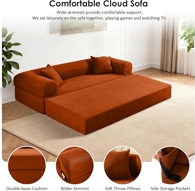 80" Convertible Sofa Bed, 3-in-1 Corduroy Folding Pull Out Couch with Pillows, No Assembly Modern Boneless Couch Compression Sofa in Box, Floor Sofa with Side Storage Pocket for Living Room, Orange