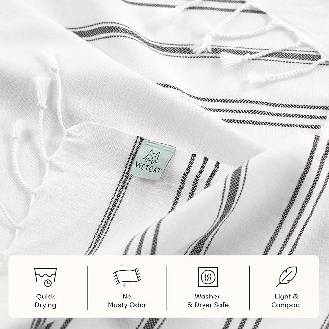 WETCAT Turkish Hand Towels with Hanging Loop, Set of 2 (20" x 30") 100% Turkish Cotton, Pre-Washed, Quick Drying, for Kitchen or Bathroom - Black & White