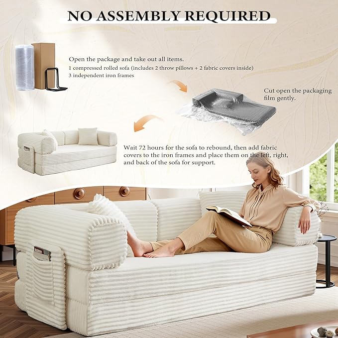 Boneless Couch Folding Couches for Living Room Sofa, Futon Sofa Bed with Sleeper Sofa, Futon Couch with Fixed-Shape Oversized Corduroy Upholstered (White, 81 Inches)