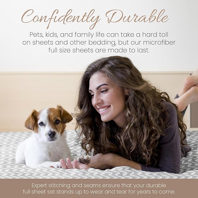 Linen Market Double-Brushed Patterned Microfiber Full Sheet Set 4 Piece – Oeko-TEX Certified Ultra Soft & Wrinkle-Free - 16" Deep Pocket Sheets - Easy Care Full Size - Puffed Chevron Light Gray