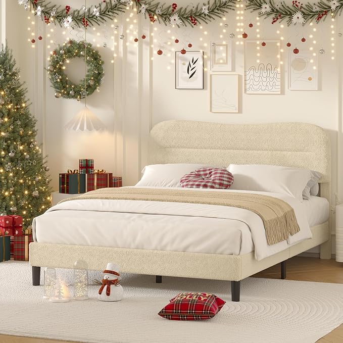 Queen Size Bed Frame with Headboard, upholstered Bed Frame Queen Size, Teddy Soft Boucle Fabric, Soft Cloud Marshmallow Shape Upholstered Headboard, No Box Spring Needed, Noise Free (Beige)