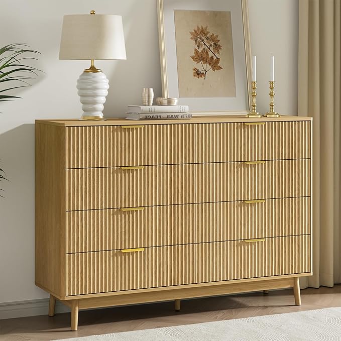 LYNSOM Fluted 8 Drawer Dresser for Bedroom, 55" Wide Modern Chest of Drawers with Curved Profile Design and Metal Handles, Wood Dresser TV Stand & Storage Organizer for Bedroom, Hallway, Oak