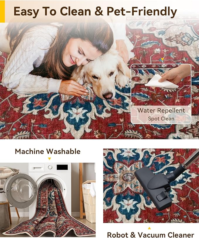 Area Rugs Round 8ft Washable Non-Slip, Floral Vintage Distress Print Pattern Medallion Carpet for Living Room Bedroom Dining Room, Red Blue