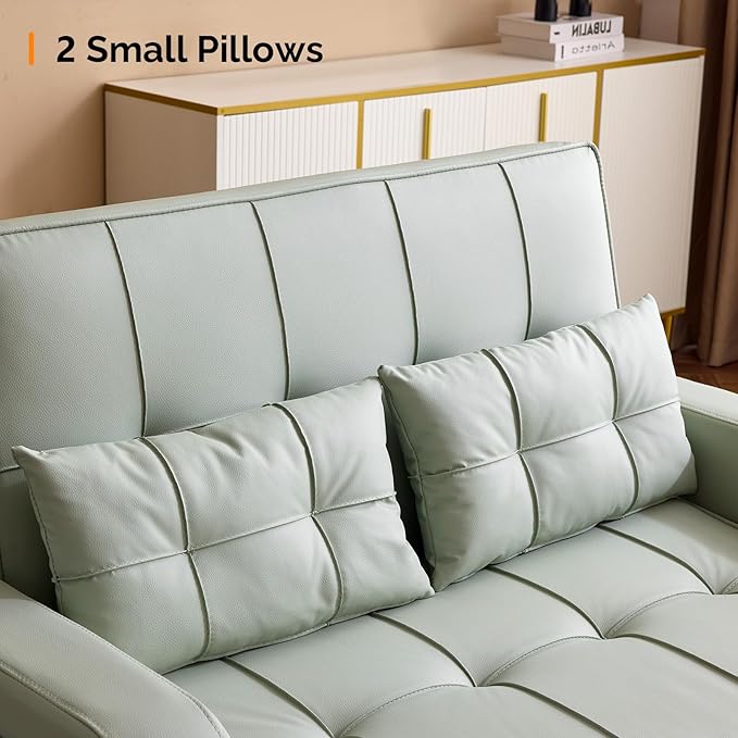 VINGLI Light Green Futon Sofa Bed Convertible Loveseat Sleeper Couch, Faux Leather Pullout Sofa Fold Out Couch Bed with USB Ports, Cup Holders, Armrest for Living Room, Bedroom Apartment Room