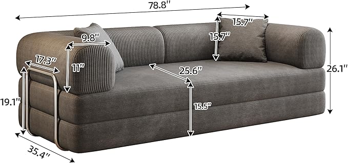 79" Convertible Sofa Bed, Corduroy Folding Pull Out Couch with Pillows, No Assembly Modern Boneless Couch Compression Sofa in Box, Floor Sofa with Support Rods for Living Room,Grey