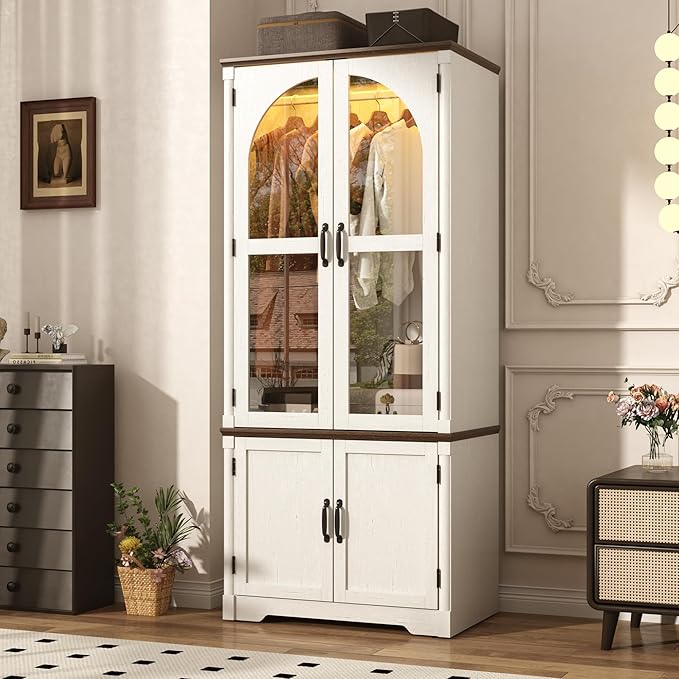 Tall Farmhouse 2 Doors Armoire Wardrobe Closet with LED ,72" Freestanding Arched Wardrobe Closet Cabinet for Bedroom w Glass Doors,Wooden Clothing Storage Cabinet,Closets for Bedroom(White)