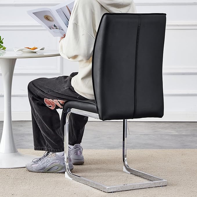 Dining Chairs Set of 4,Black Faux Leather Dining Chairs,Upholstered Kitchen Chairs with High Back,Modern Armless Side Chairs with Sturdy Chrome Plated Metal Legs for Living Room