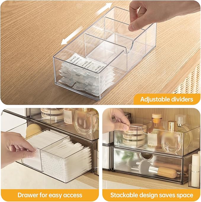 Medicine Cabinet Organizer 3 Pack, Plastic Stackable Storage with 2 Drawers, Bathroom Mirror Cabinet Organizer with Removable Dividers for Wall Cabinet, Vanity, Countertop, Clear