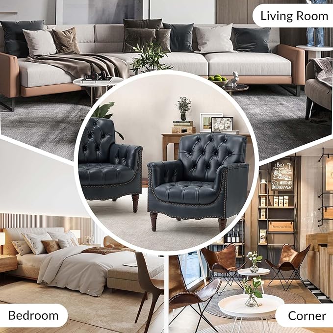HULALA HOME Mid Century Modern Leather Club Chairs, Top-Grain Genuine Leather Armchairs with Button-Tufted Back & Solid Wood Legs, Accent Chairs for Living Room/Bedroom/Home Office, Navy