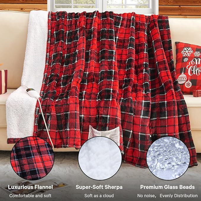 Red Heated Weighted Blanket for Adults Queen Size 15Lbs 60"x80", 2-in-1 Electric Heating Pad Lap Heavy Blanket for 140-160 lbs for Couch, 10 Level 1-8H Auto Off, Christmas Birthday Gifts for Women Mom