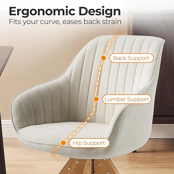 Zouron Mid Century Modern Swivel Accent Chair, Vanity Chair with Wooden Legs, Upholstered Arm Chair No Wheels, Accent Side Chair for Small Space Home Office Living Room Bedroom, Raw White