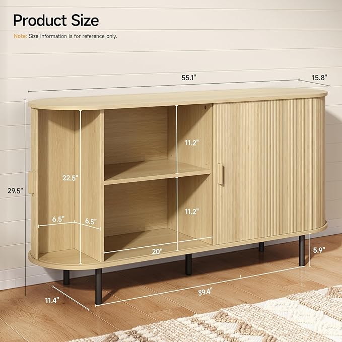 ONBRILL 55" Sideboard Buffet Cabinet with Storage, Sliding Door & Adjustable Shelf, Modern Accent Coffee Bar Console Table for Kitchen, Entryway, Oak