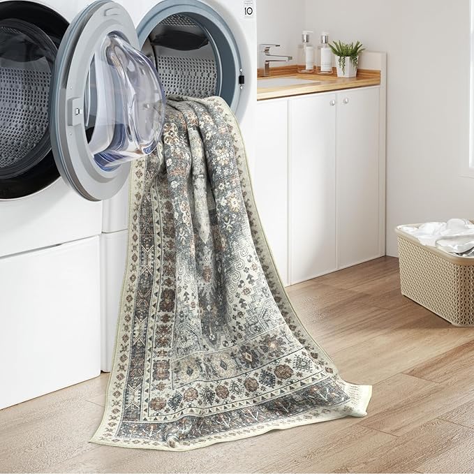 zesthome 6x9 Area Rug, Super Soft Washable Rugs for Living Room, Non-Slip Stain Resistant Vintage Rugs, Ultra-Thin Large Area Rugs (Grey/Orange,6'x9')