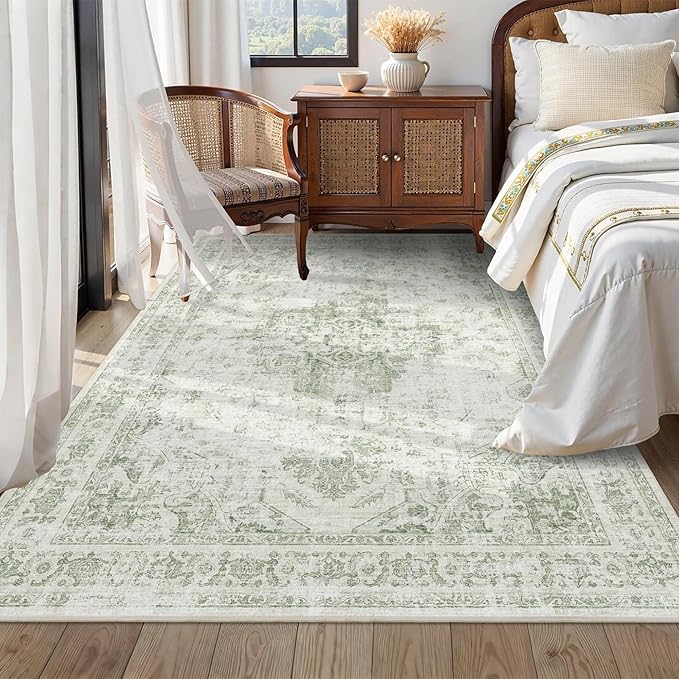 5x7 Vintage Washable Area Rugs Boho Medallion Large Distressed Retro Accent Carpet Floral Non-Slip Soft Low Pile Indoor Throw Rug for Living Room Bedroom Dining Room Office Kitchen, Green