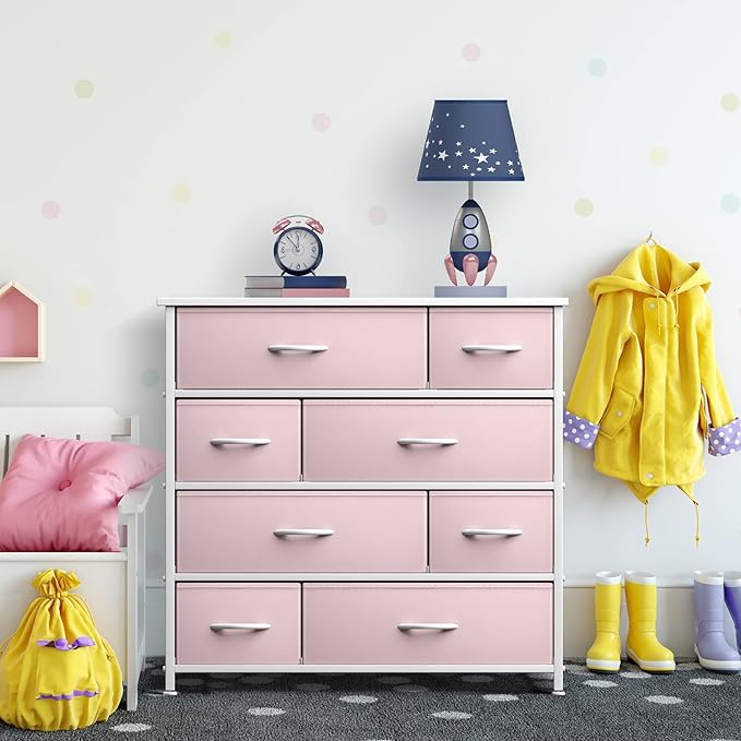 Sorbus Dresser with 8 Drawers - Furniture Storage Chest for Kid’s, Teens, Bedroom, Nursery, Playroom, Clothes, Toys - Steel Frame, Wood Top, Fabric Bins (Pink)
